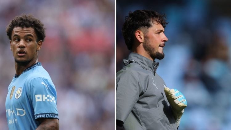 Split Image of Manchester City's Oscar Bobb in action (left) and James Trafford looking on (right)