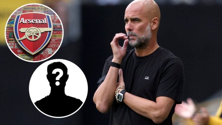 Manchester City's Pep Guardiola looking on (main image) with insets of Arsenal badge (top left corner) and mystery player (bottom left corner)