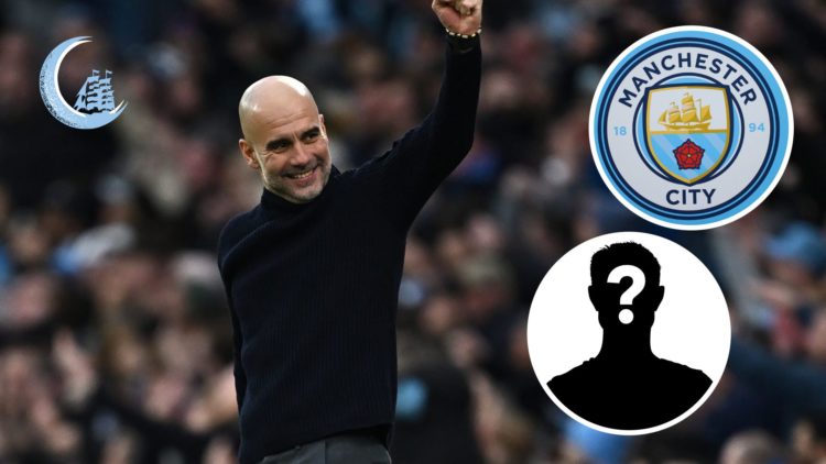 Pep Guardiola celebrating (main image) with insets of mystery player (bottom right corner), Manchester City badge (top right corner) and Manchester...