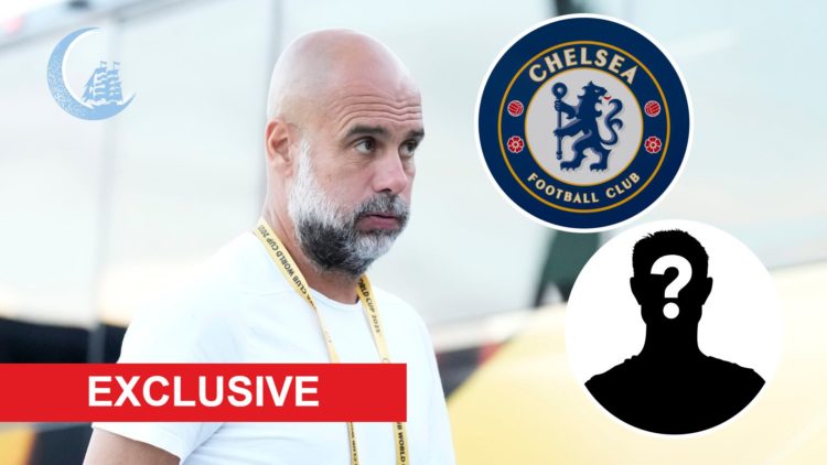 Pep Guardiola looking on (main image) with insets of Chelsea badge (top right corner), mystery player (bottom right corner), Exclusive banner (bott...