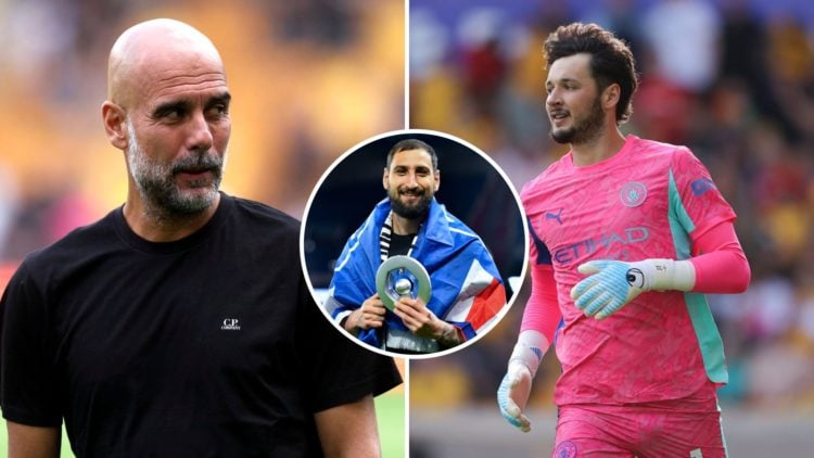 Split Image of Manchester City's Pep Guardiola looking on (left) and James Trafford in action (right) with inset of Gianluigi Donnarumma smiling (m...