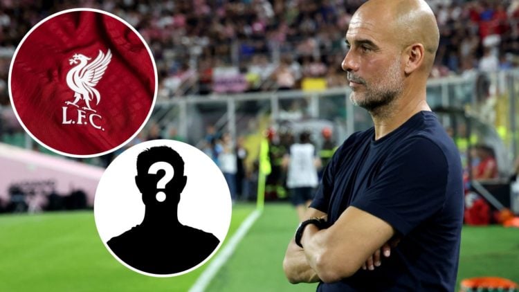 Manchester City manager Pep Guardiola looking on (main image) with insets of mystery player (bottom left image) and Liverpool badge (top left image)
