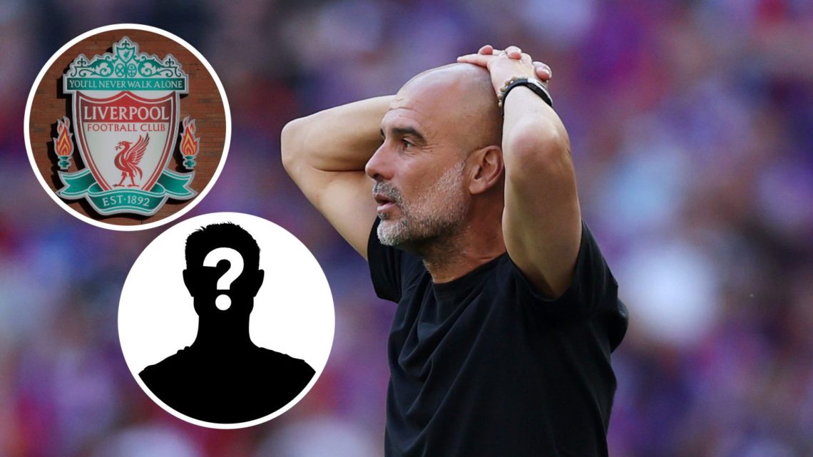 Manchester City manager Pep Guardiola with his hands on his hand (main image) with inset of Liverpool badge (top left corner) and mystery player (b...