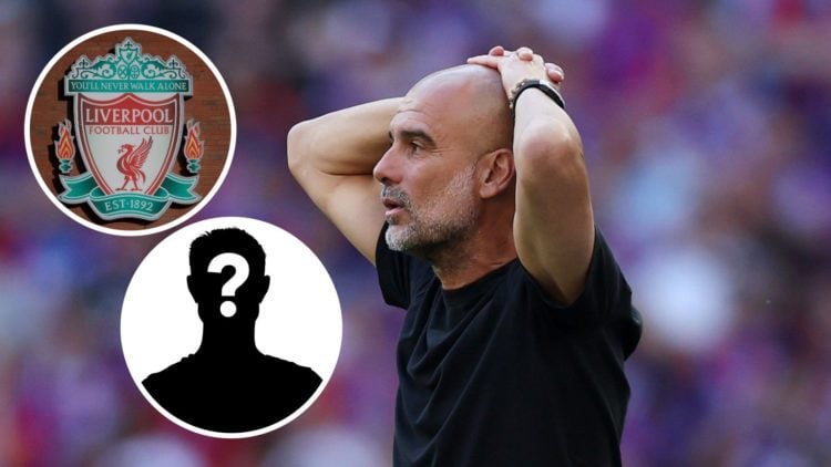 Manchester City manager Pep Guardiola with his hands on his hand (main image) with inset of Liverpool badge (top left corner) and mystery player (b...