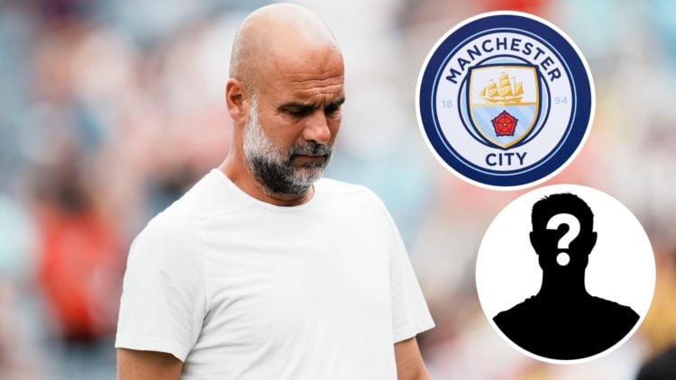 Pep Guardiola walking (main image) with insets of Manchester City badge (top right corner) and mystery player (bottom right corner)
