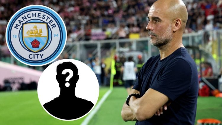 Pep Guardiola looking on (main image) with insets of Manchester City badge (top left corner) and mystery player (bottom left corner)