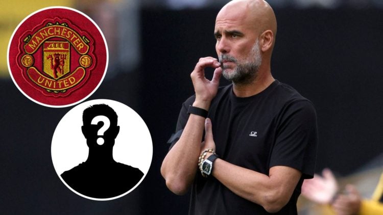 Manchester City's Pep Guardiola looking on (main image) with insets of Manchester United crest (top left corner) and mystery player (bottom left co...