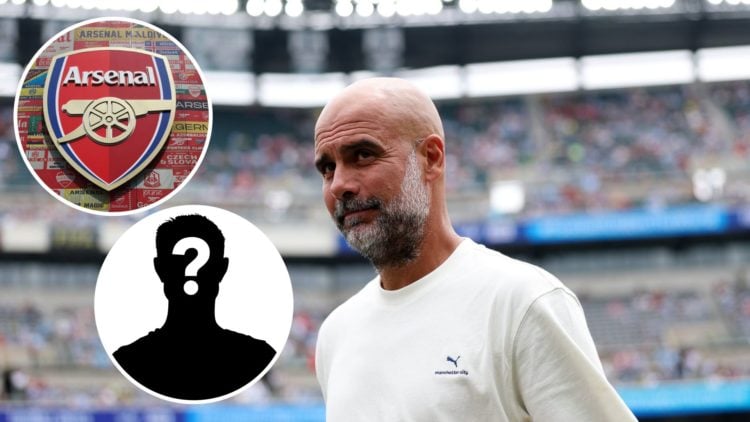 Manchester City's Pep Guardiola looking on (main image) with insets of Arsenal badge (top left corner) and mystery player (bottom left corner)