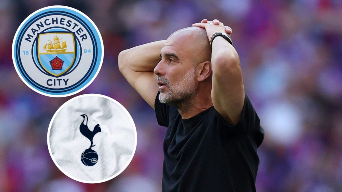 Pep Guardiola reacting (main image) with insets of Manchester City badge (top left corner) and Tottenham Hotspur crest (bottom left corner)
