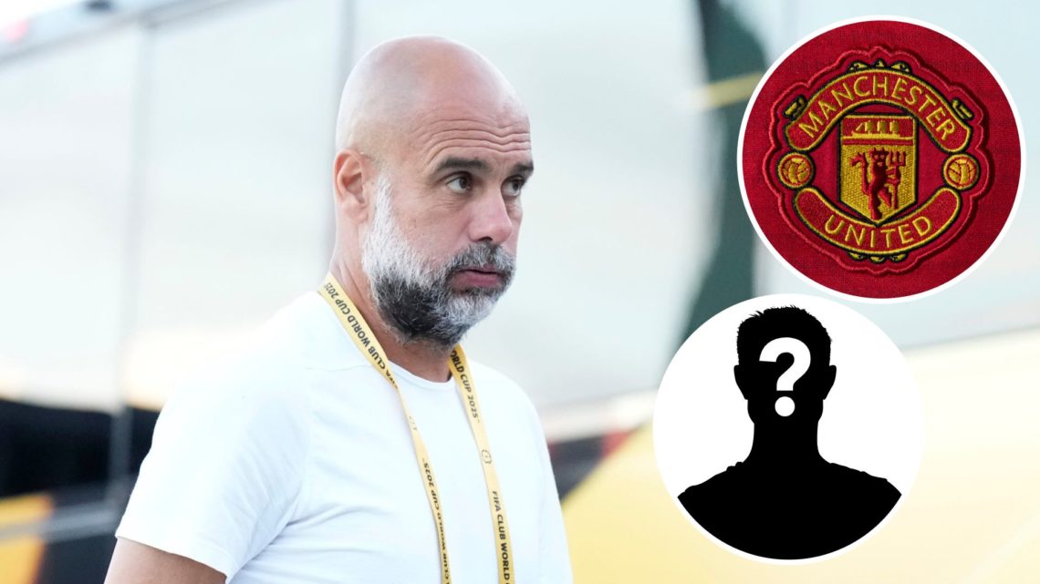 Manchester City manager Pep Guardiola looking on (main image) with insets of Manchester United crest (top right corner) and mystery player (bottom ...