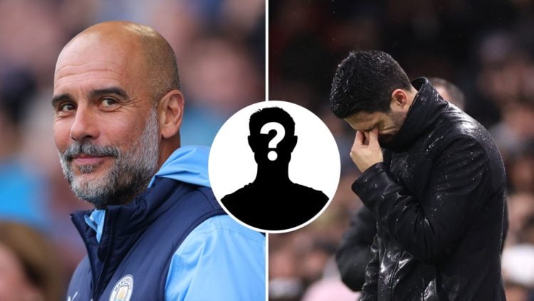 Split Image of Manchester City's Pep Guardiola smiling (left) and Arsenal manager Mikel Arteta looking distressed (right) with inset of mystery pla...