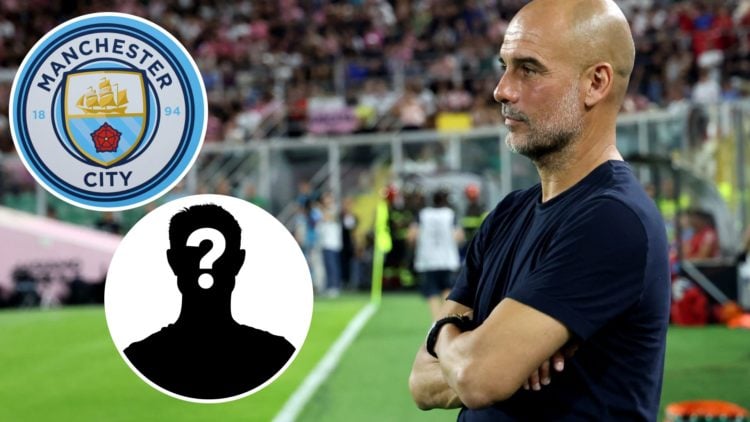 Pep Guardiola looking on (main image) with insets of mystery player (bottom left corner) and Manchester City badge (top left corner)