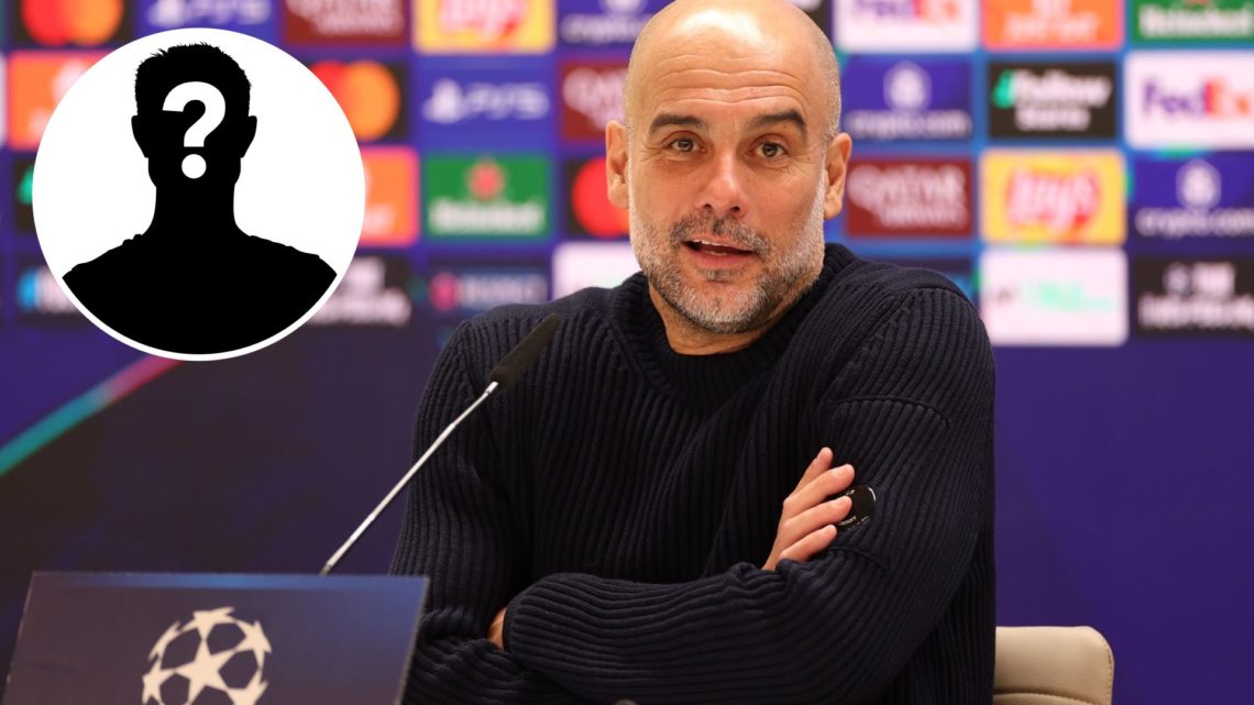 Manchester City manager Pep Guardiola smiling during a press conference (main image) with inset of mystery player (top left corner)