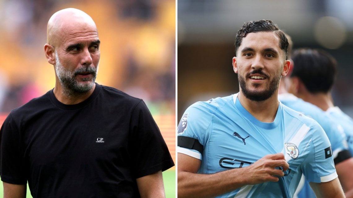 Split Image of Manchester City's Pep Guardiola looking on (left) and Rayan Cherki celebrating (right)