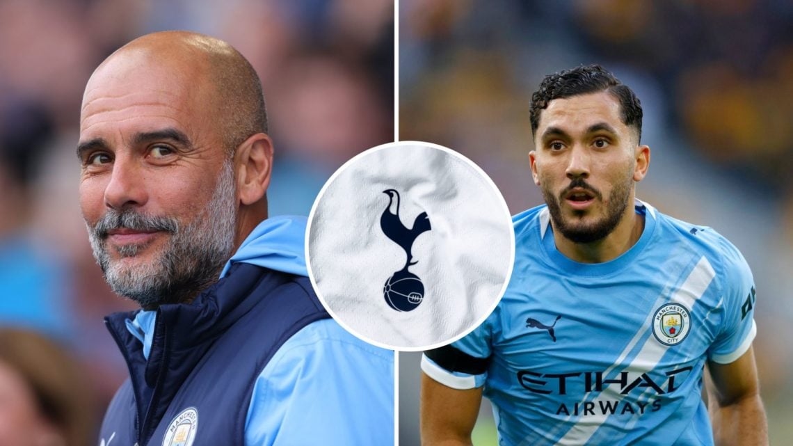 Split Image of Manchester City's Pep Guardiola smiling (left) and Rayan Cherki looking on (right) with inset of Tottenham Hotspur badge (middle)