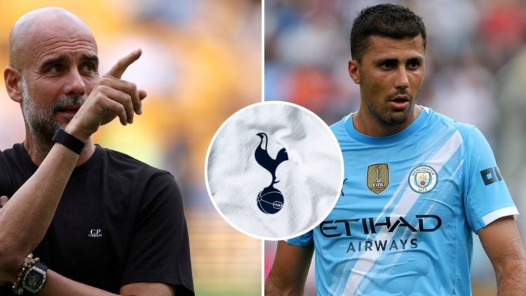 Split Image of Manchester City's Pep Guardiola looking on (left) and Rodri in action right) with inset of Tottenham Hotspur Badge (middle)