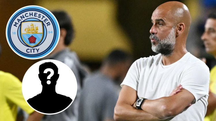 Pep Guardiola and Simone Inzaghi looking on (main image) with insets of Manchester City badge (top left corner) and mystery player (bottom left cor...