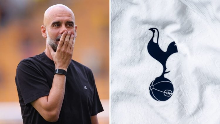Split Image of Manchester City's Pep Guardiola with his hand on his mouth (left) and Tottenham Hotspur badge (right)
