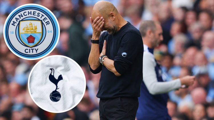 Pep Guardiola looking upset (main image) with insets of Tottenham Hotspur crest (bottom left corner) and Manchester City badge (top left corner)