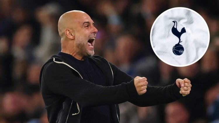 Manchester City manager Pep Guardiola celebrates (main image) with inset of Tottenham Hotspur badge (top right corner)