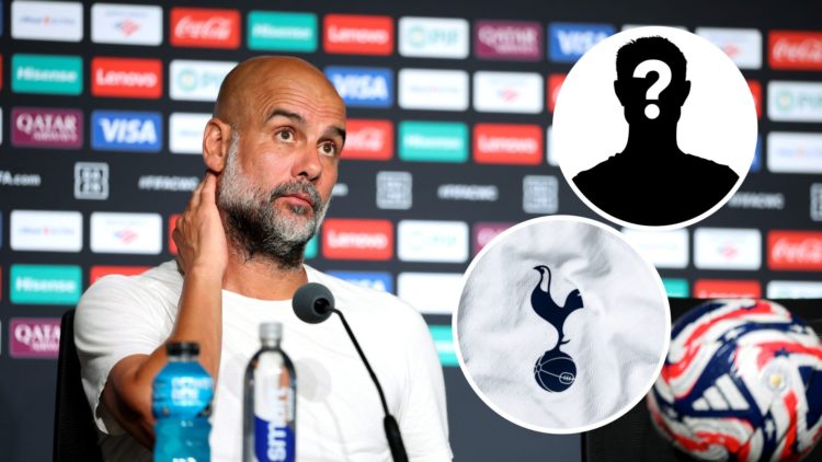 Manchester City manager Pep Guardiola looking on (main image) with insets of Tottenham Hotspur badge (bottom right corner)) and inset mystery playe...