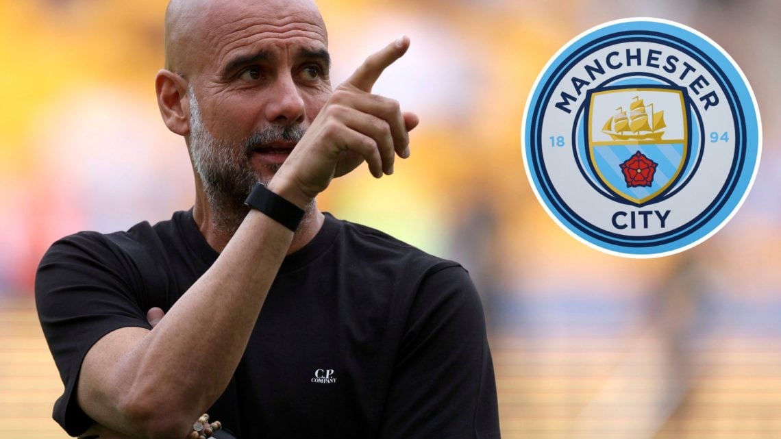 Pep Guardiola looking on before Premier League match against Wolves (main image) with inset of Manchester City badge (top right corner)