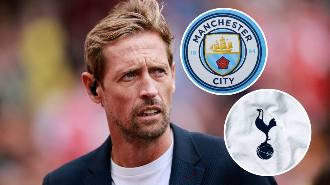 Peter Crouch looking on (main image) with insets of Manchester City badge (top right corner) and Tottenham Hotspur crest (bottom right corner)
