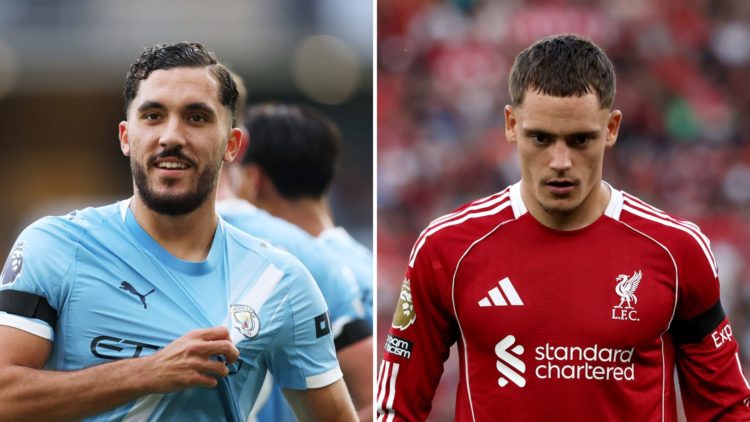Split Image of Manchester City's Rayan Cherki celebrating (left) and Liverpool's Florian Wirtz looking on (right)