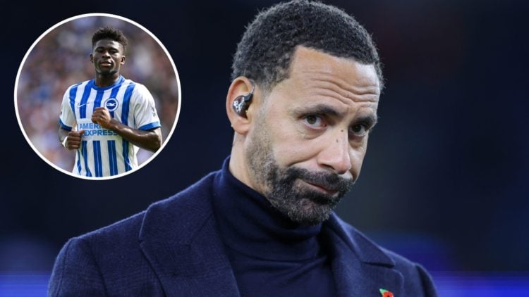 Rio Ferdinand looking on (main image) with inset of Carlos Baleba running (top left corner)