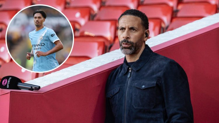 Rio Ferdinand looking surprised (main image) with inset of Tijjani Reijnders in action during Wolves vs Manchester City (top left corner)