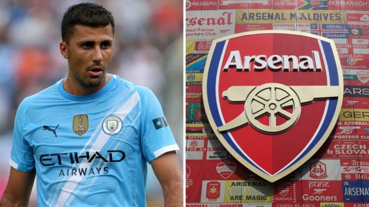 Split Image of Manchester City's Rodri looking on (left) and Arsenal badge (right)