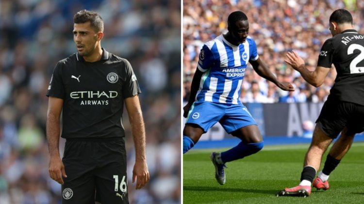 Split Image of Manchester City's Rodri in action (left) and Rayan Ait-Nouri defending against Brighton's Yankuba Minteh (right)
