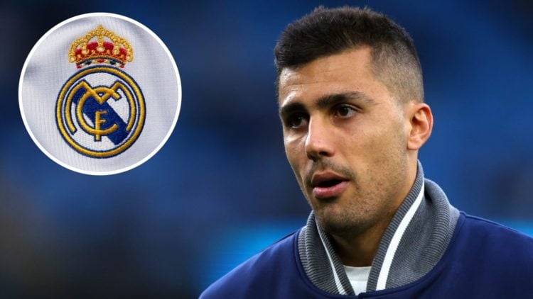 Rodri of Manchester City looking on (main image) with inset of Real Madrid badge