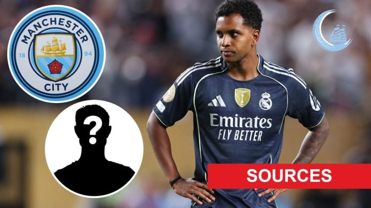 Rodrygo looking on (main image) with insets of Manchester City badge (top left corner), mystery player (bottom left corner), Manchester City News L...