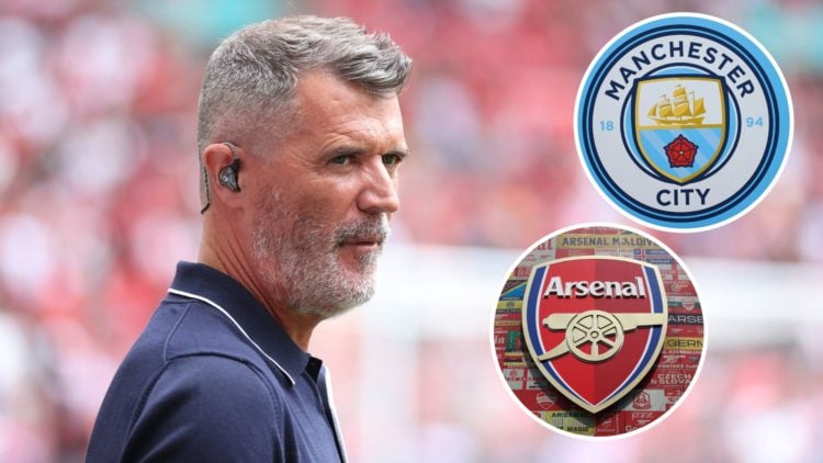 Roy Keane looking on (main image) with insets of Manchester City badge (top right corner) and Arsenal crest (bottom right corner)