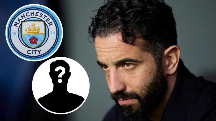 Manchester United's Ruben Amorim looking on (main image) with insets of Manchester City badge (top left corner) and mystery player (bottom left cor...
