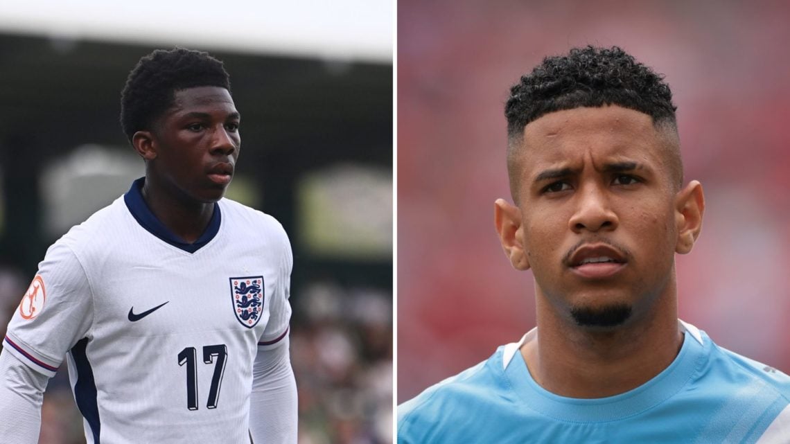 Split Image of Ryan McAidoo in action (left) and Manchester City's Savinho in action (right)