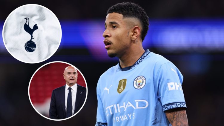 Savinho looking on (main image) with insets of Tottenham Hotspur badge (top left corner) and Daniel Levy looking on (bottom left corner)