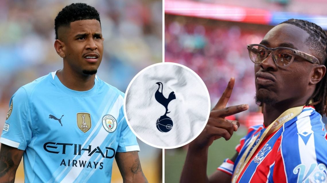Split Image of Savinho looking on (left) and Eberechi Eze celebrating (right) with inset of Tottenham Hotspur Badge (middle)