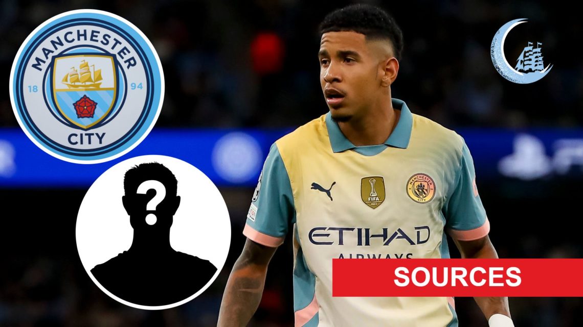 Savinho looking on (main image) with insets of mystery player (bottom left corner), Manchester City badge (top right corner), Manchester City News ...