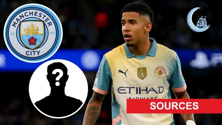 Savinho looking on (main image) with insets of mystery player (bottom left corner), Manchester City badge (top right corner), Manchester City News ...