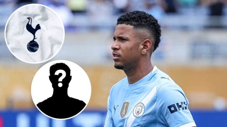 Manchester City's Savinho looking on (main image) with inset of Tottenham Hotspur badge (top left corner) and mystery player (bottom left corner)