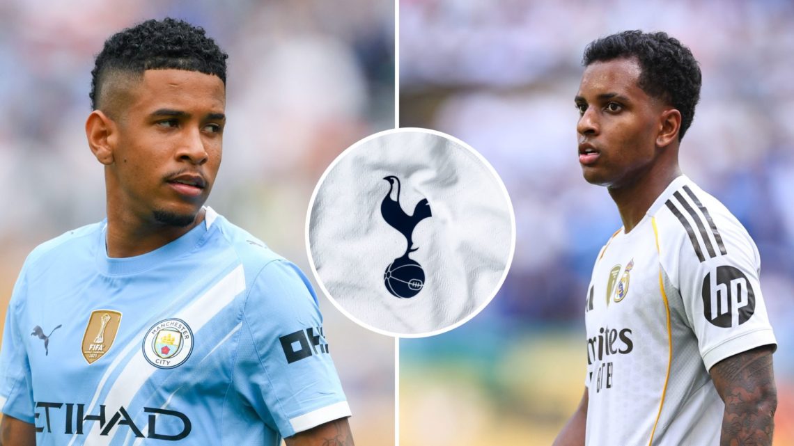 Split Image of Manchester City's Savinho looking on (left) and Real Madrid's Rodrygo in action (right) with inset of Tottenham Hotspur badge (middle)