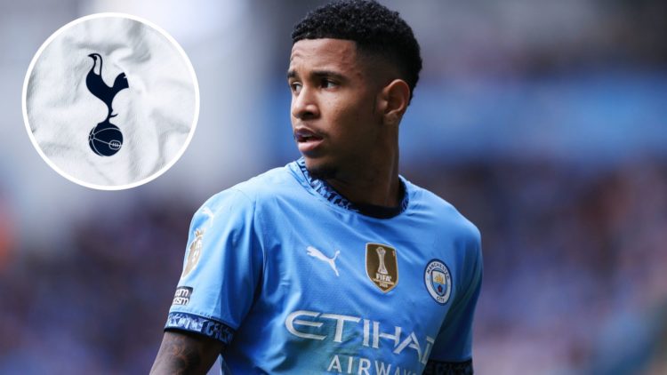 Manchester City's Savinho looking on (main image) with inset of Tottenham Hotspur badge (top left corner)