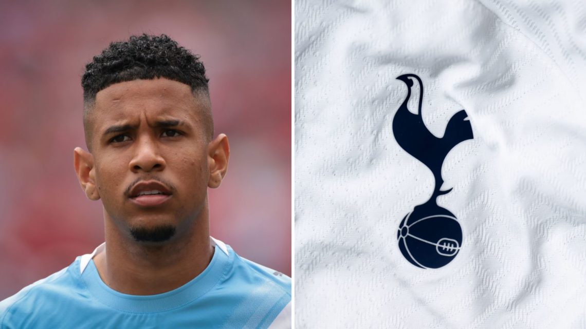 Split Image of Manchester City's Savinho looking on (right) and Tottenham Hotspur badge (left)