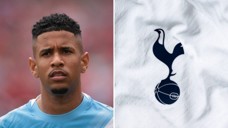 Split Image of Manchester City's Savinho looking on (right) and Tottenham Hotspur badge (left)