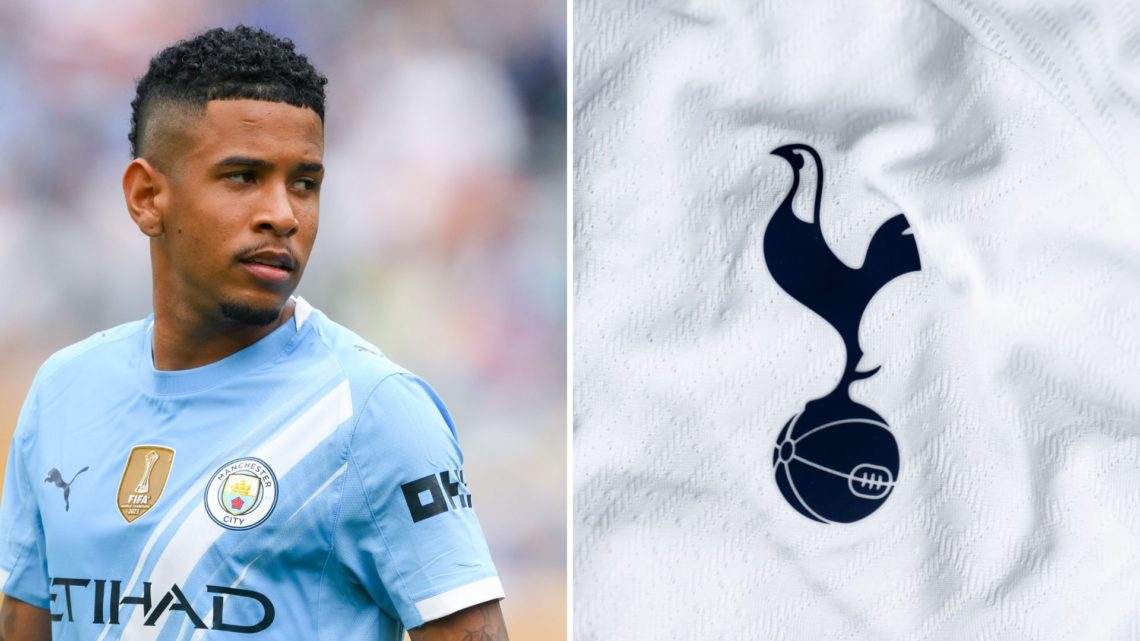 Split Image of Manchester City's Savinho looking on (left) and Tottenham Hotspur badge (right)