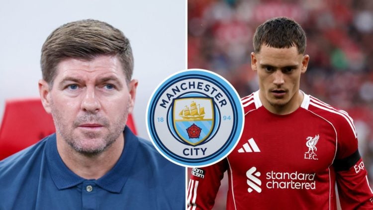 Split Image of Steven Gerrard looking on (left) and Liverpool's Florian Wirtz looking serious (right) with inset of Manchester City badge (middle)