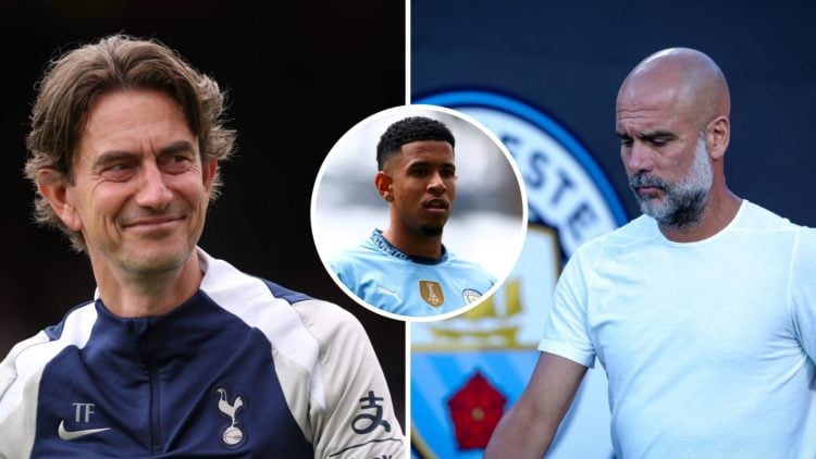 Split Image of Tottenham Hotspur's Thomas Frank smiling (left) and Manchester City's Pep Guardiola looking on (right) with inset of Savinho in acti...
