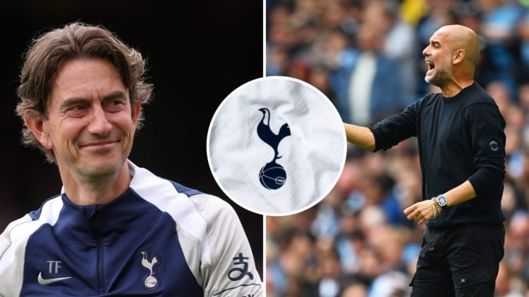 Split Image of Thomas Frank smiling (left) and Manchester City's Pep Guardiola shouting (right) with inset of Tottenham Hotspur badge (middle)